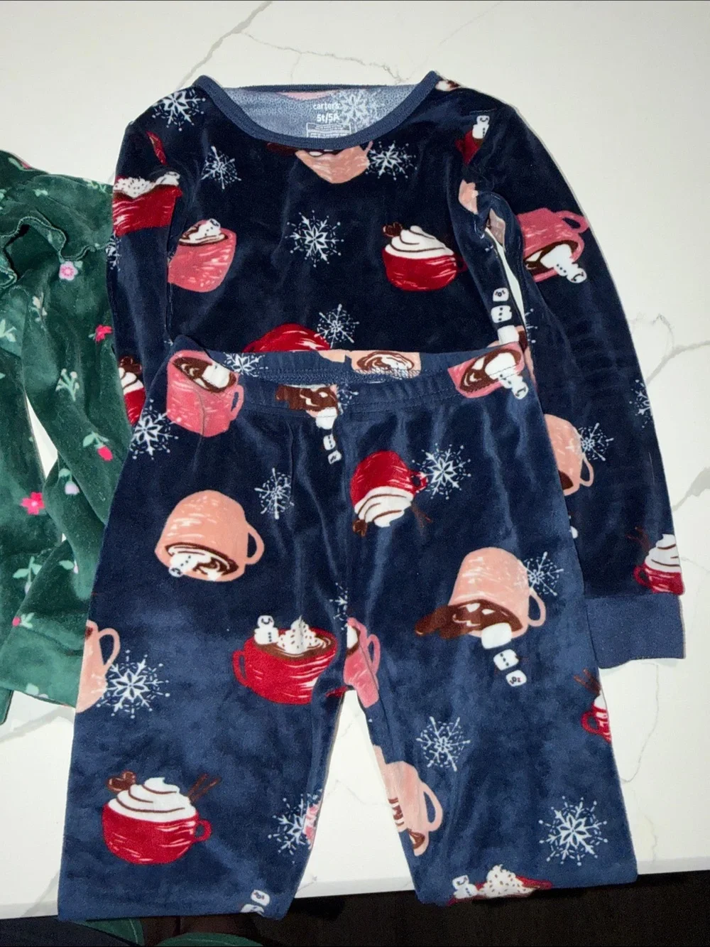 Cat and Jack Green Floral Velvet Top & Carters Navy Hot Cocoa Print Pajama Set